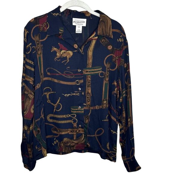 Pendleton Shirt Womens 12 Petite Navy Equestrian Horse Bridle Print 100% Rayon - Picture 1 of 6